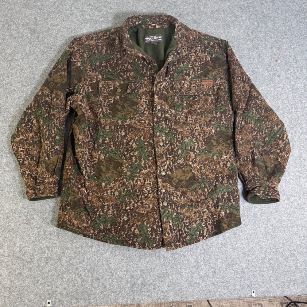 Woolrich Camouflage 507 Mens Large Fleece Lined Snap Front Shirt Jacket Brown